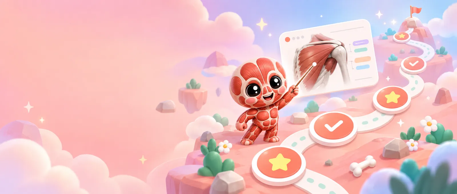 Anato: Games — an illustrated lesson path climbing through a landscape, with a muscle mascot pointing at a 3D shoulder.