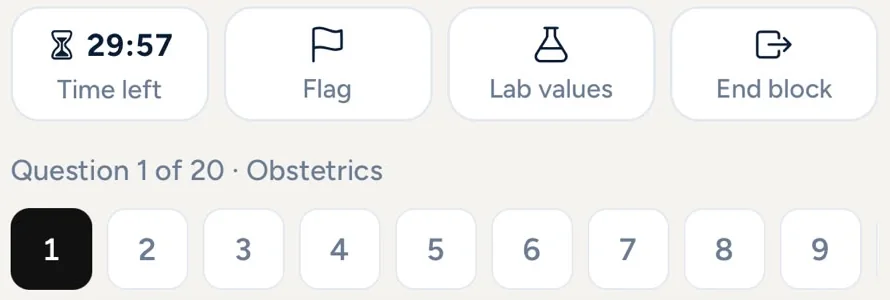 The block toolbar, enlarged: time left 29:57, Flag, Lab values, End block, and the question navigator.
